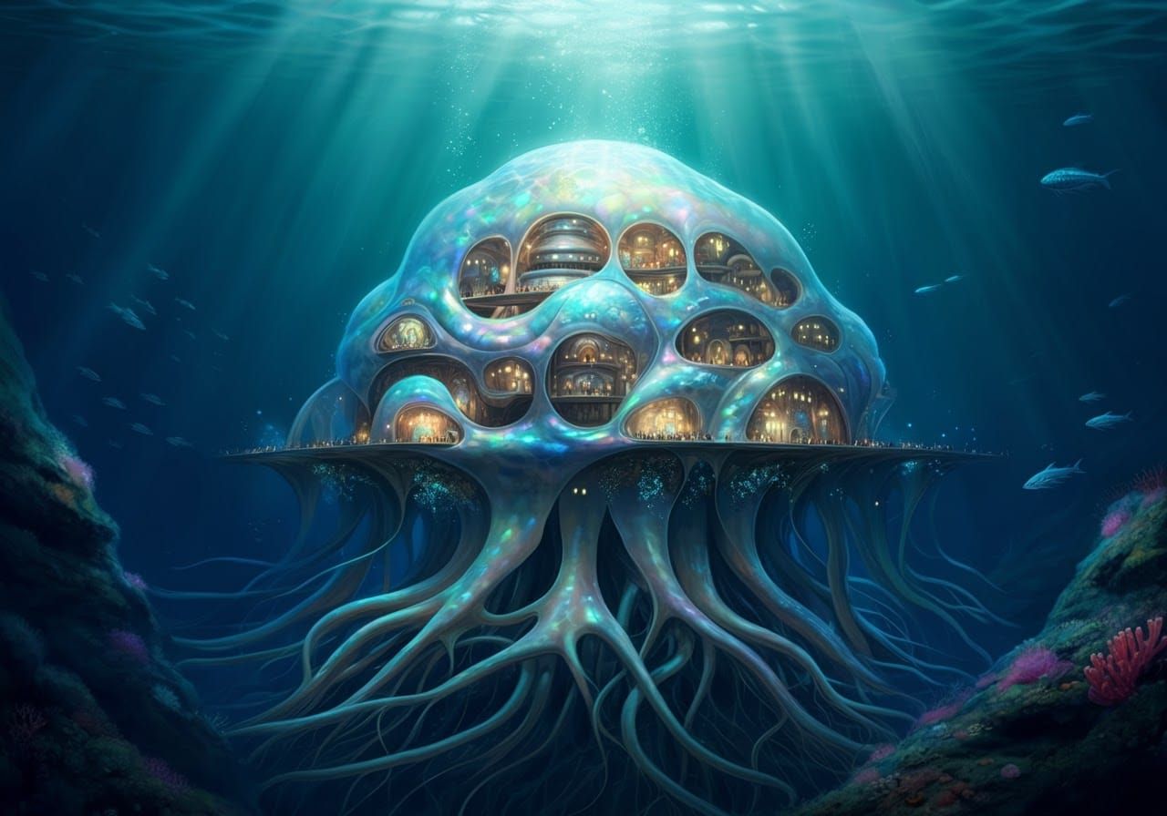 Iridescent Bioluminescent Underwater City Inspired by Nature