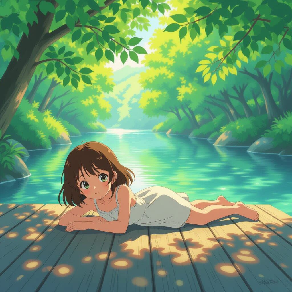 Peaceful Anime Girl by River in Dappled Sunlight