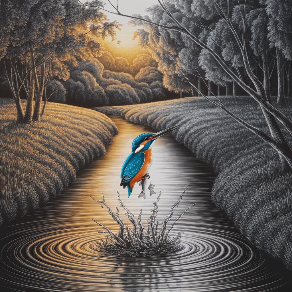 Hyperdetailed Charcoal Drawing of Kingfisher in Serene Lands...