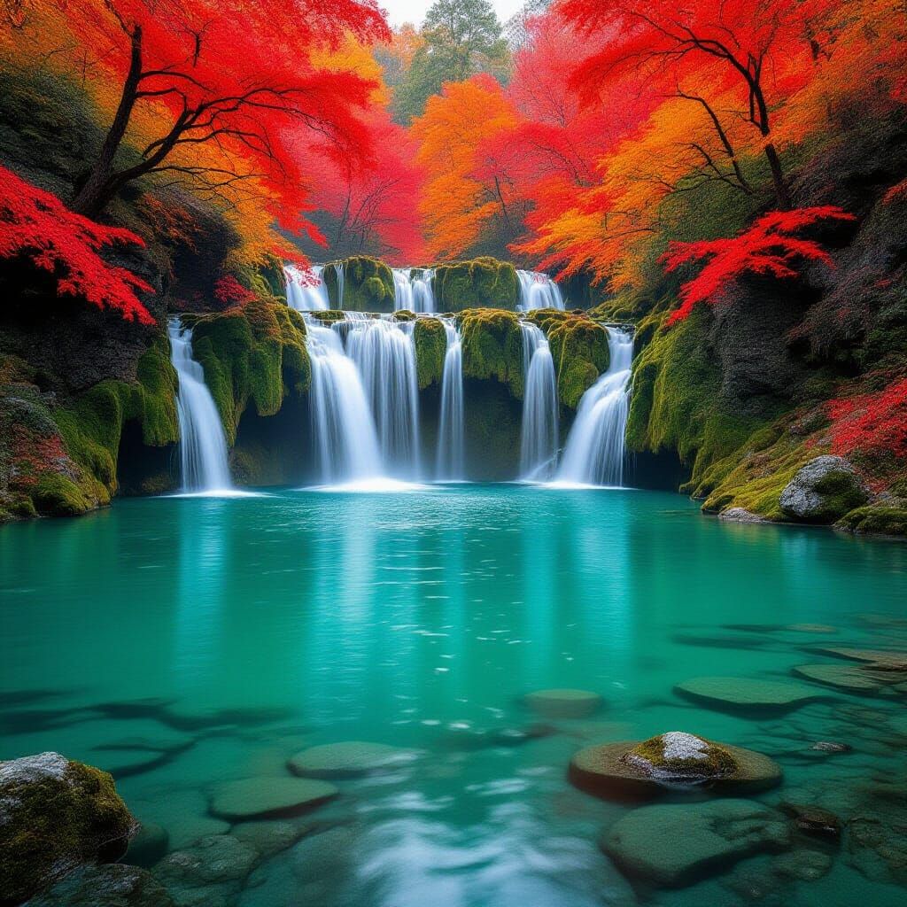 Turquoise Lake and Red Maples in Autumn Splendor
