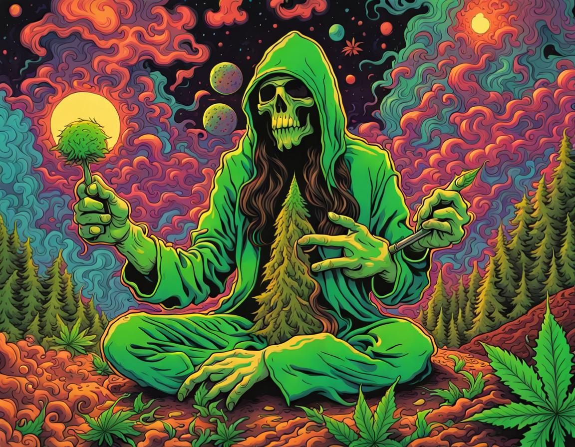 Psychedelic Stoner Doom Album Art with Weed Theme