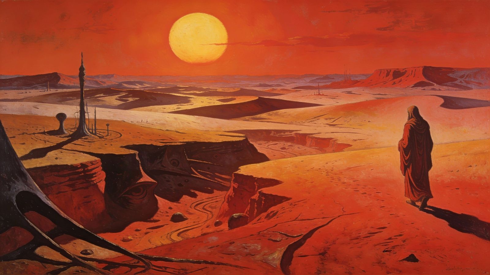 Red Desert Prophet Under Ominous Surreal Sun