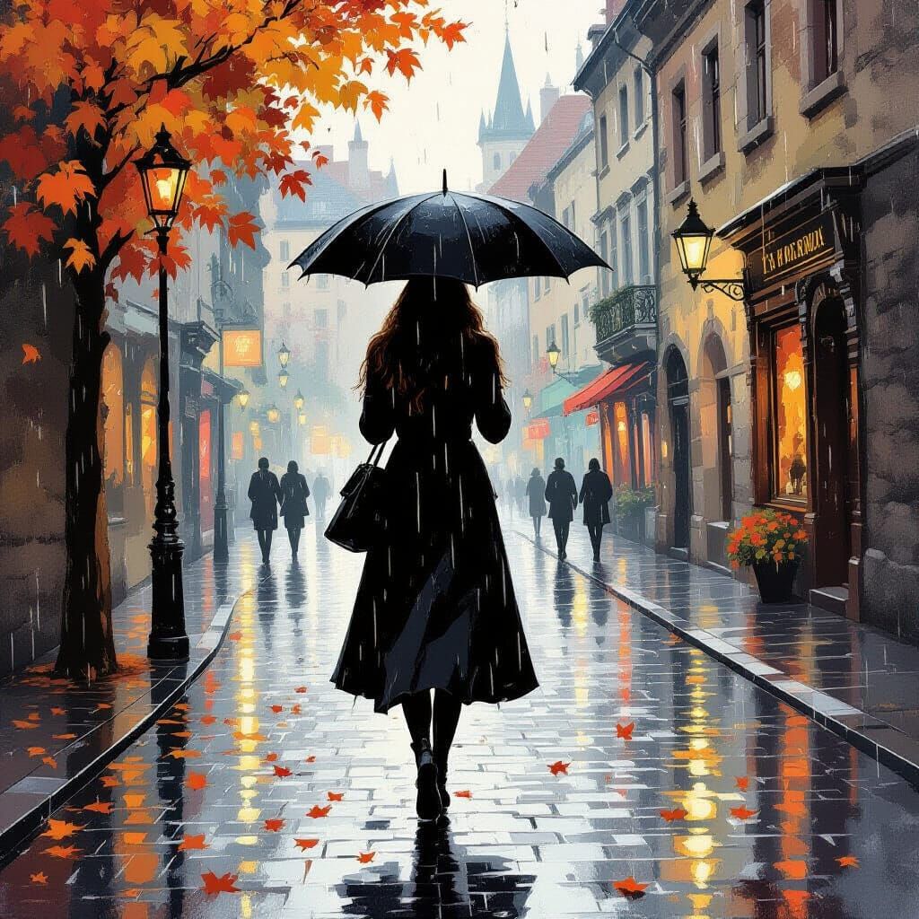 A woman walks down a wet cobblestone street.