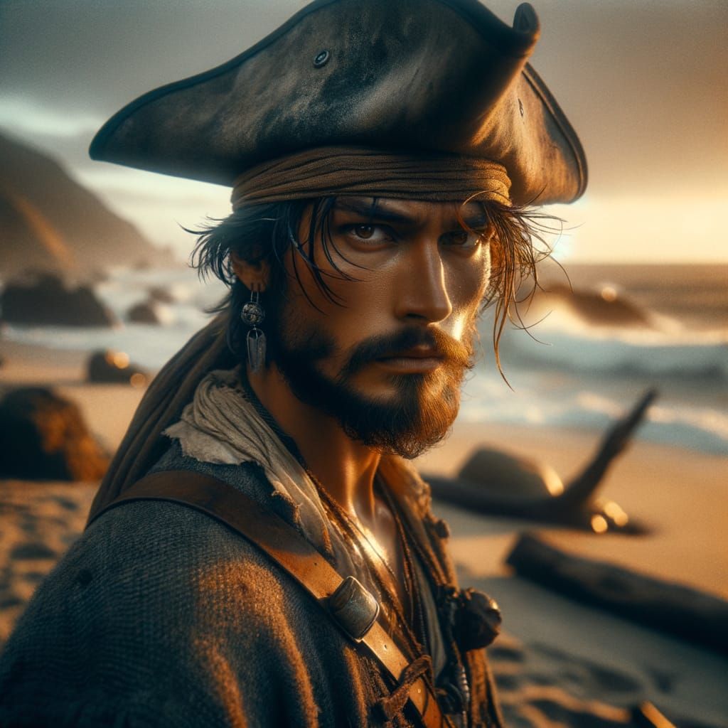 Pirate Portrait on Rocky Beach at Sunset