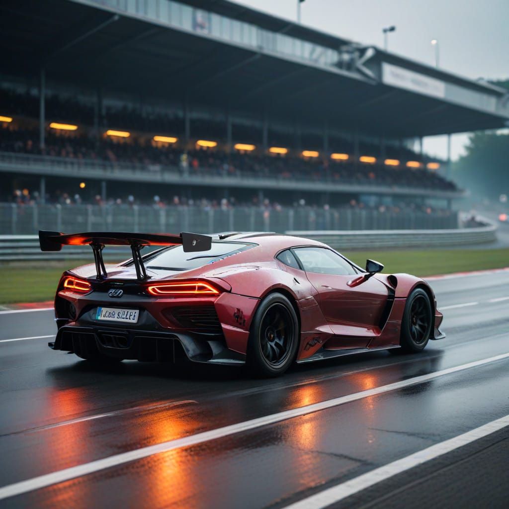 Racing Supercars Depart Nuerburgring Track Under Neon Lights