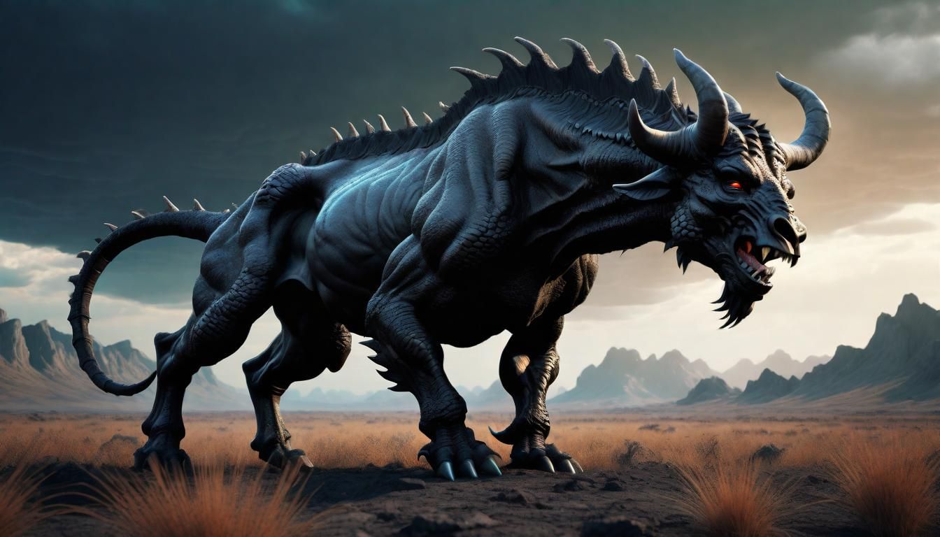 Fierce Minotaur-Dragon Hybrid in a Gritty Fantasy Landscape