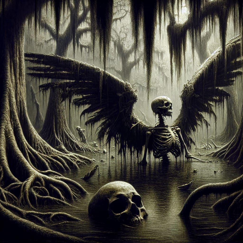 Eerie Angel Skeleton Emerges from Submerged Swamp