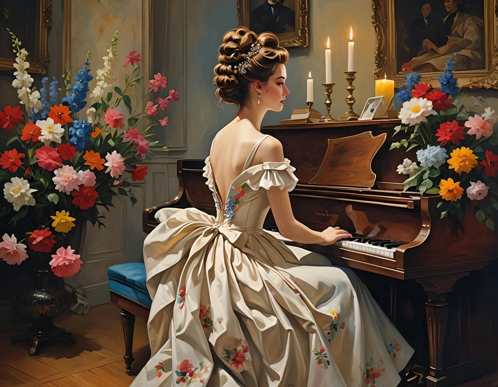 Girl Plays Piano in Candlelight: Fantasy Illustration