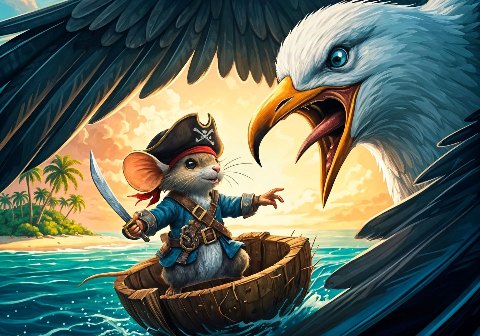 Fearless Pirate Mouse Sailing to Tropical Island