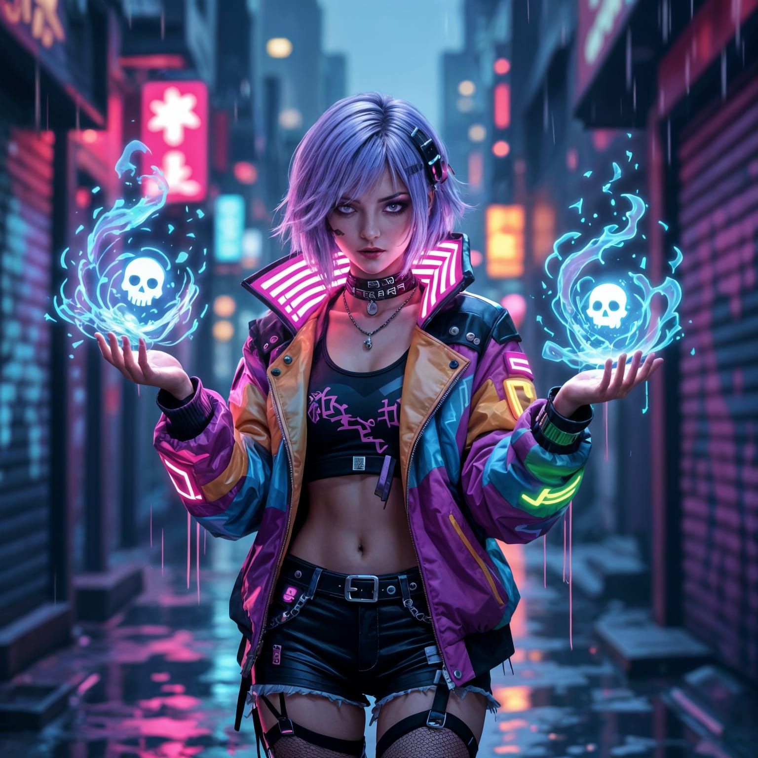 Cyberpunk Egirl Technomancer Summons Ghostly Allies