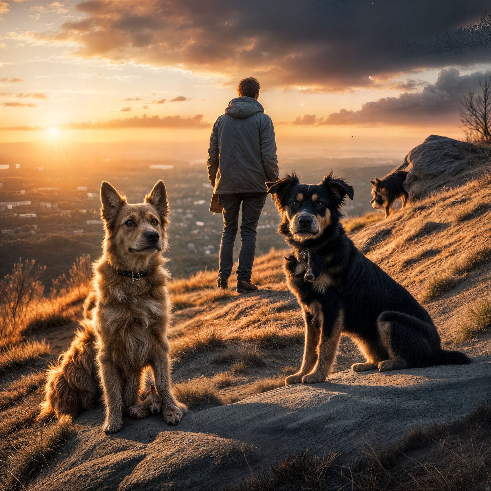 Dogs Bask in Sunset Glow on Hillside
