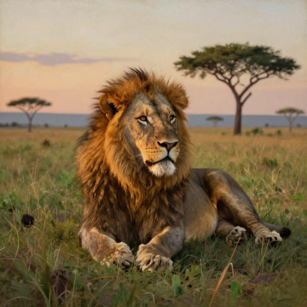Majestic Lion Resting in African Savanna at Sunset
