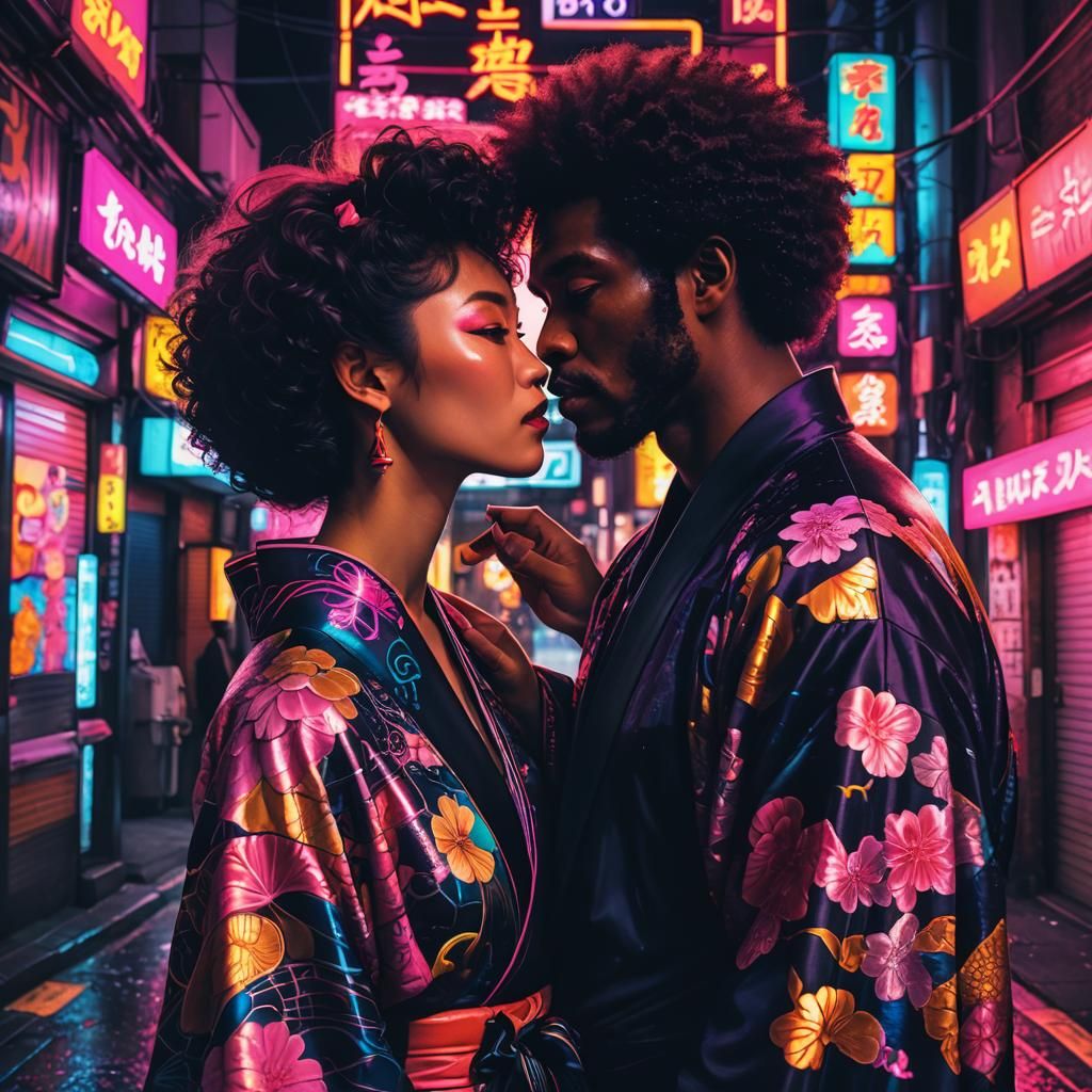 Neon-lit Kiss: Synthwave Afro and Kimono Fusion