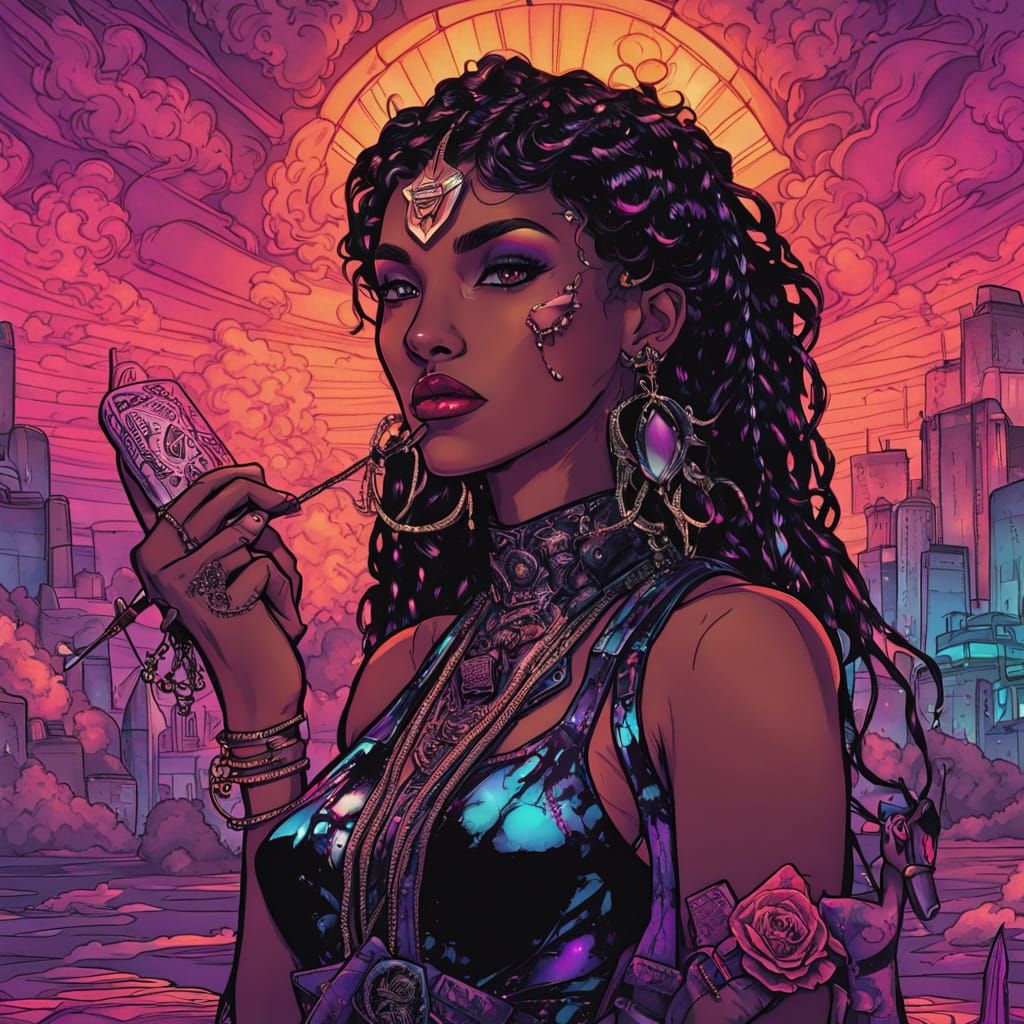 Sorceress with Magic Flames, Ethnic Features, Intense Style