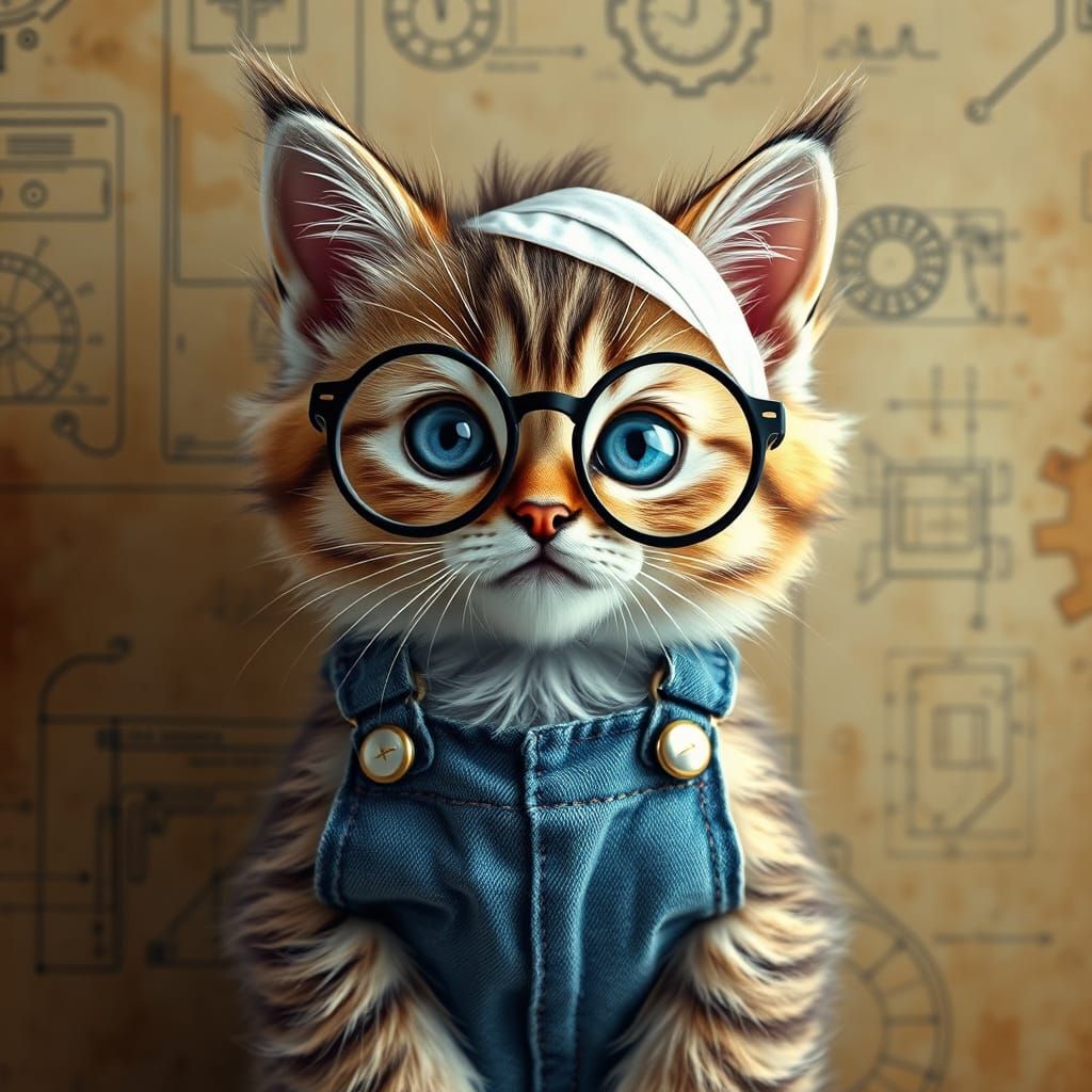 An adorable kitten wearing round glasses and blue denim over...