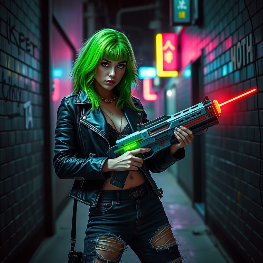Cyberpunk Woman with Gun in Neon Alleyway