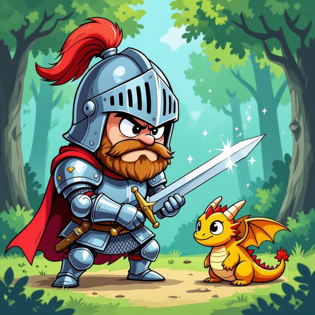 Stern Knight Fights Tiny Dragon in Cartoon Style