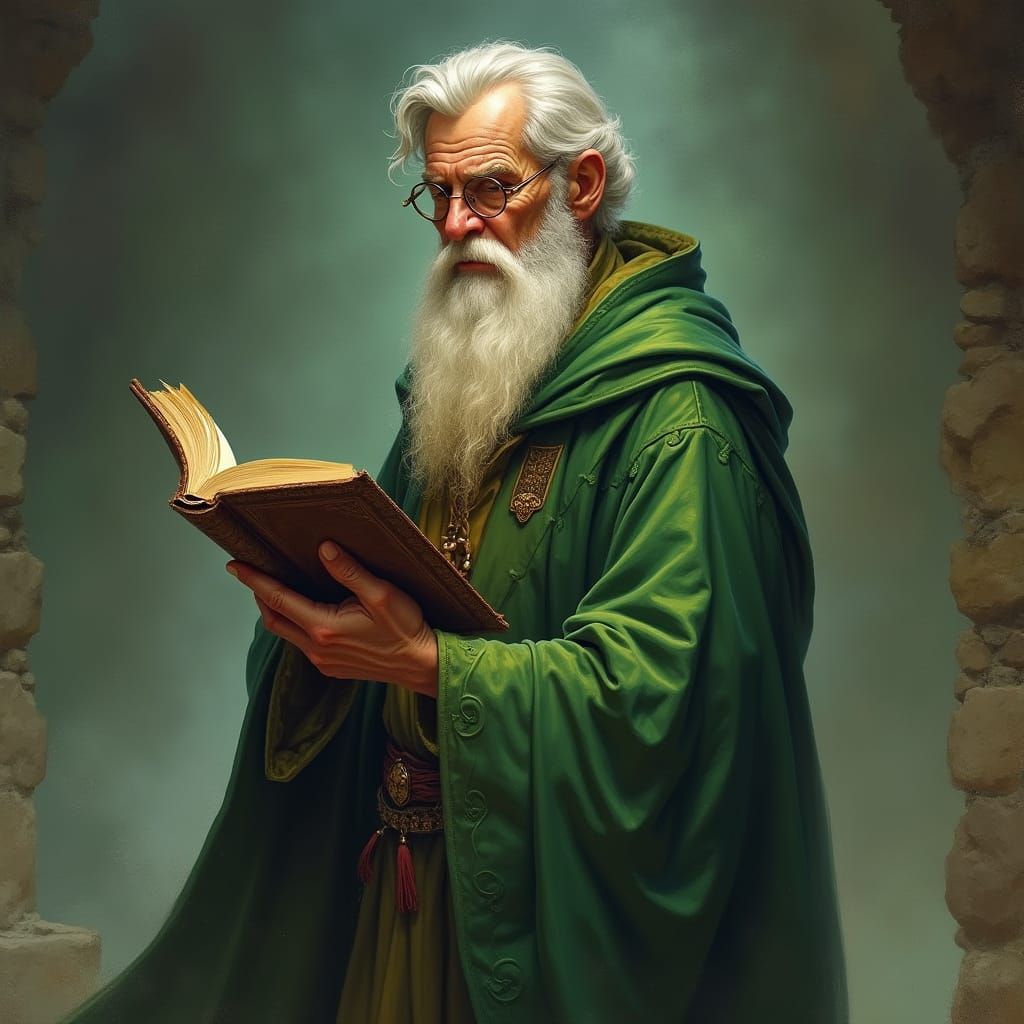 Old Wizard with Book in Fantasy Art Style