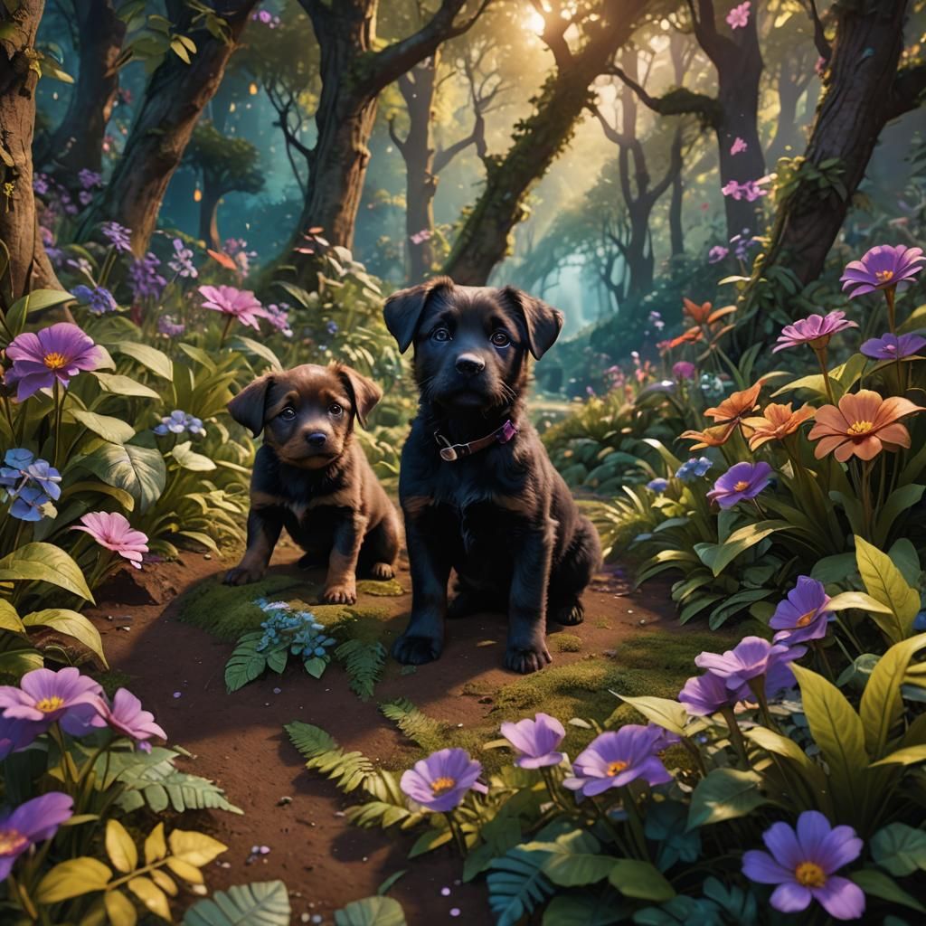 Playful Puppies in Whimsical Forest Concept Art