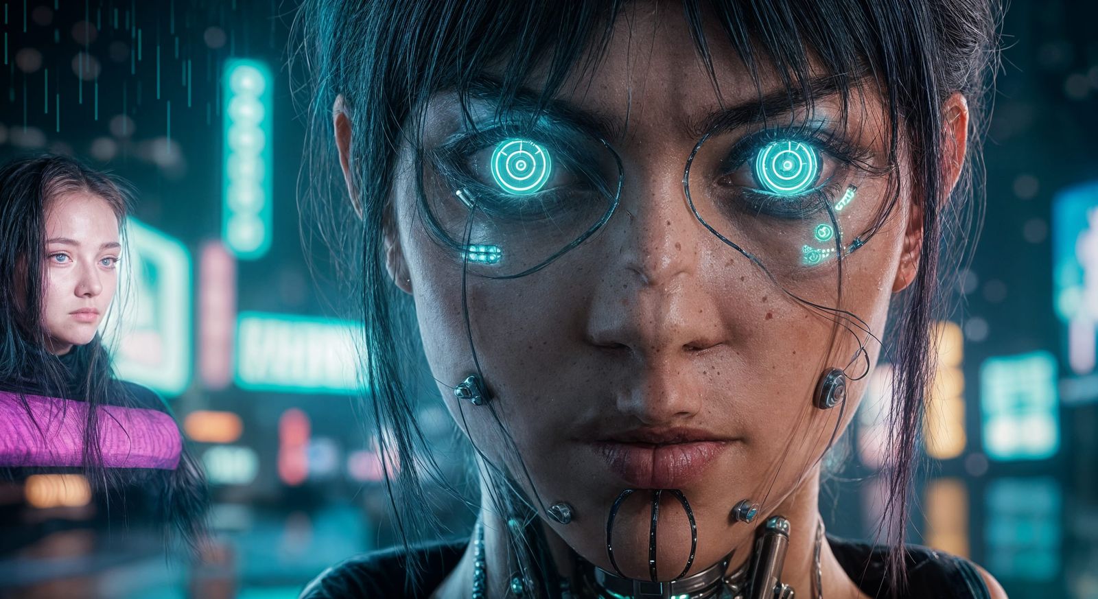 Cyberpunk Girl with Glowing Eyes in Neon City