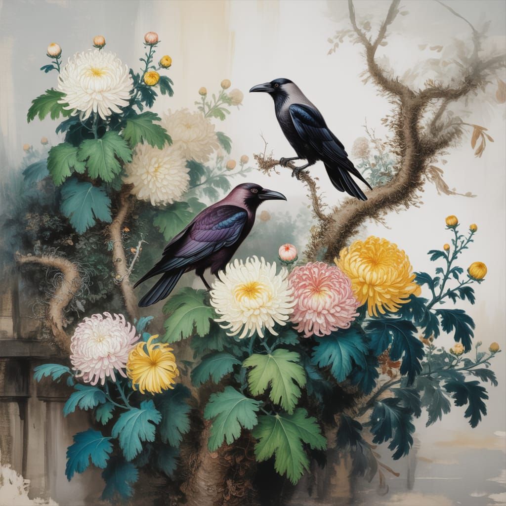 Two crows perched upon a blossoming chrysanthemum branch in a quiet cemetery, rendered in a style influenced by both tra...