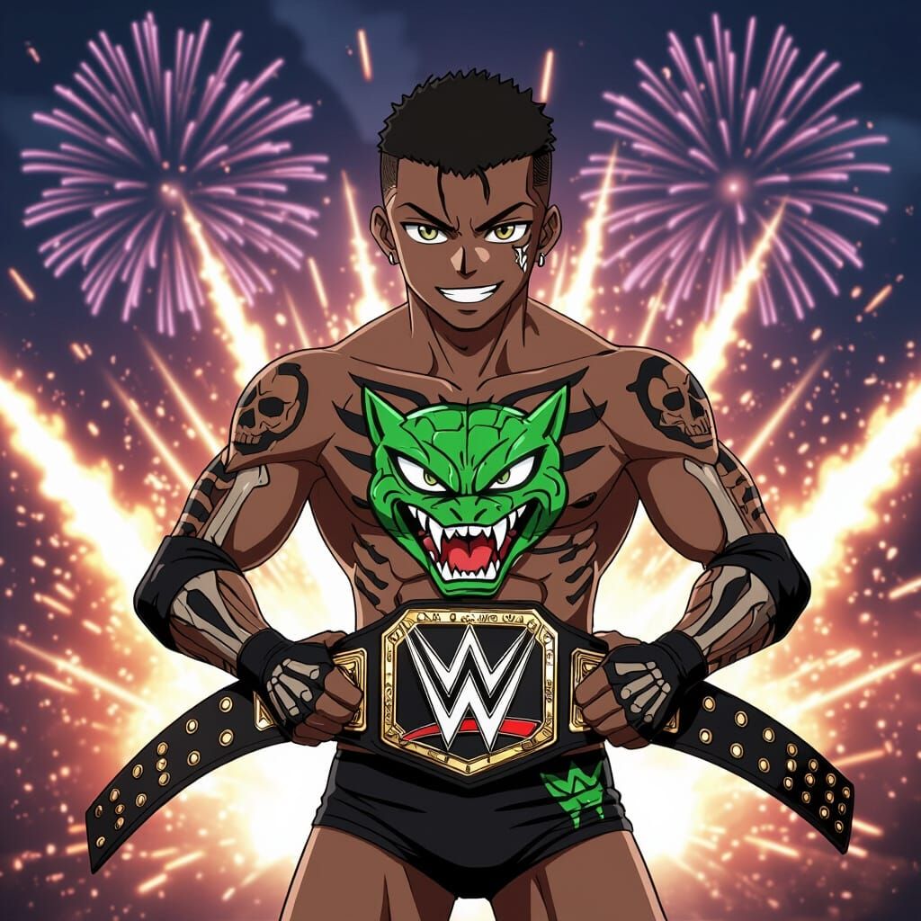 Anime Wrestler with Skeleton Tattoos and Championship Belt