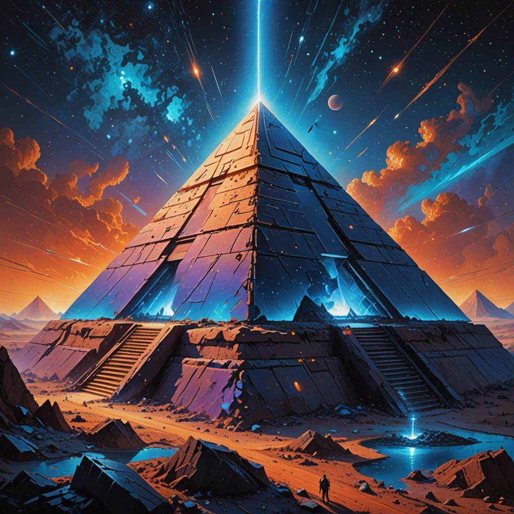 Retro-Futuristic Blue Pyramid in Milky Way: Matte Painting