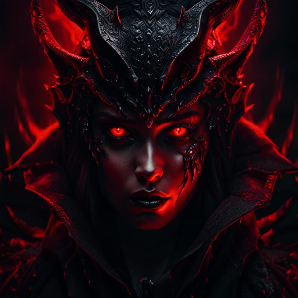Dark Fantasy Demon Girl Portrait in Red and Black