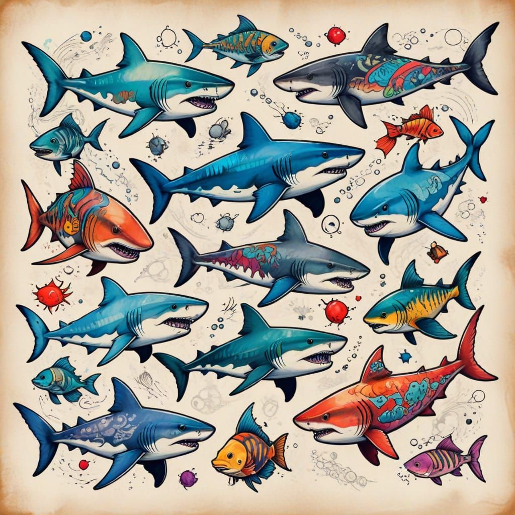 Shark and Fish Tattoo Flash Sheet