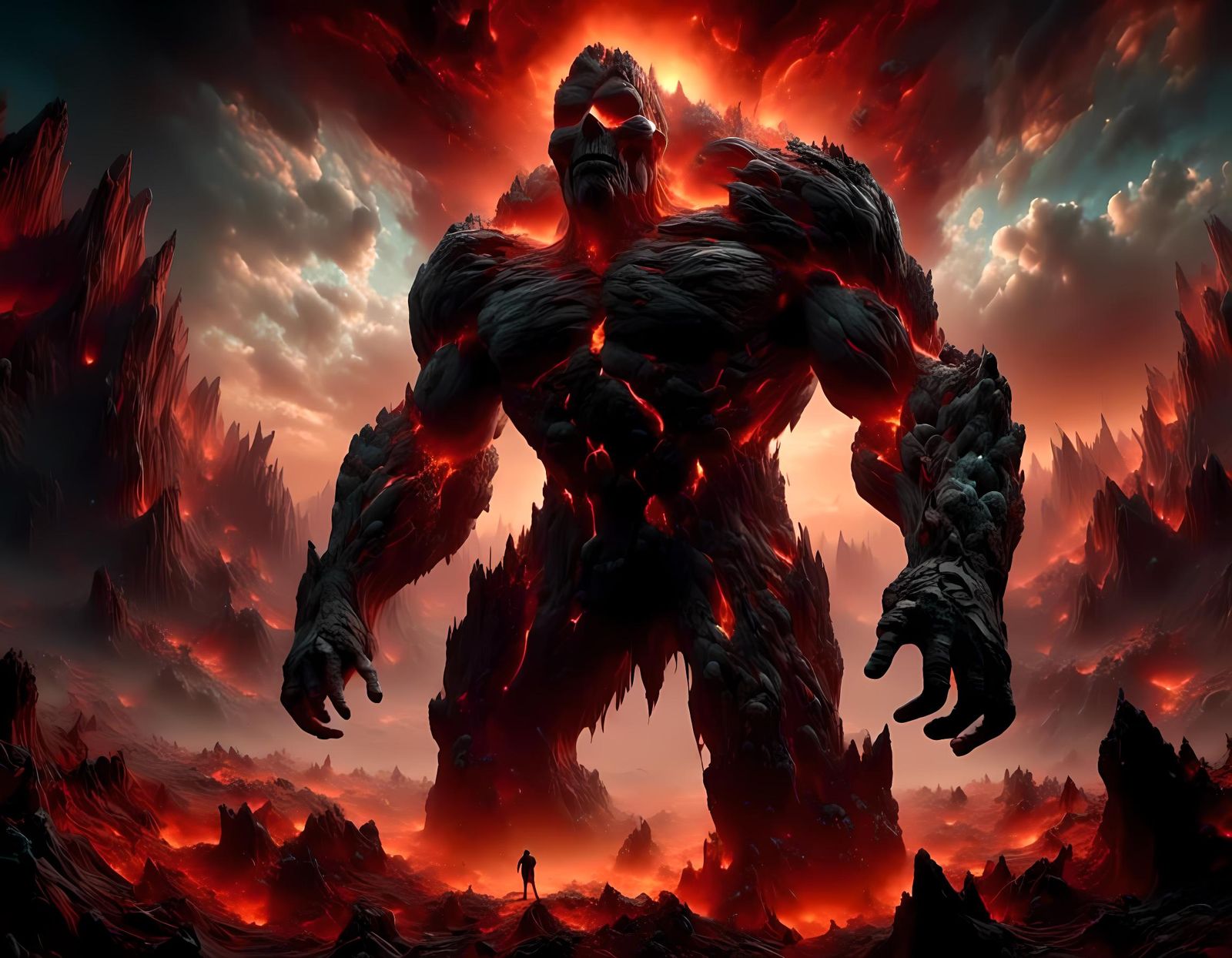 Volcanic Golem God of Fire in Volcano Landscape