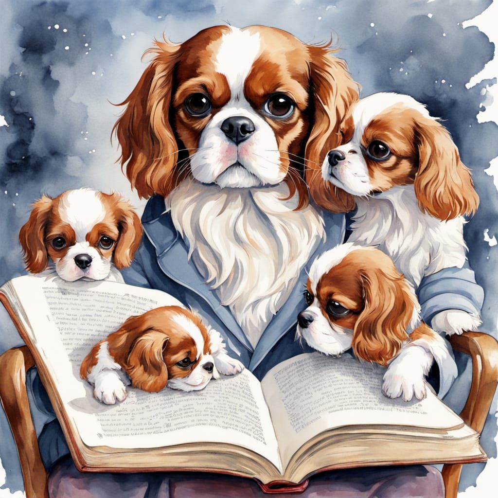 Cavalier Spaniel Dad Reads to Puppies in Watercolor
