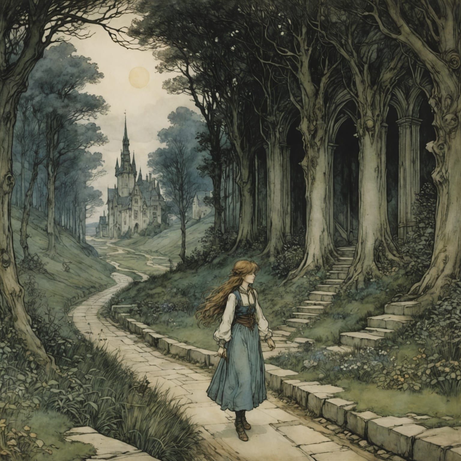 Echoing Labyrinth With Anime Girl in Arthur Rackham Style