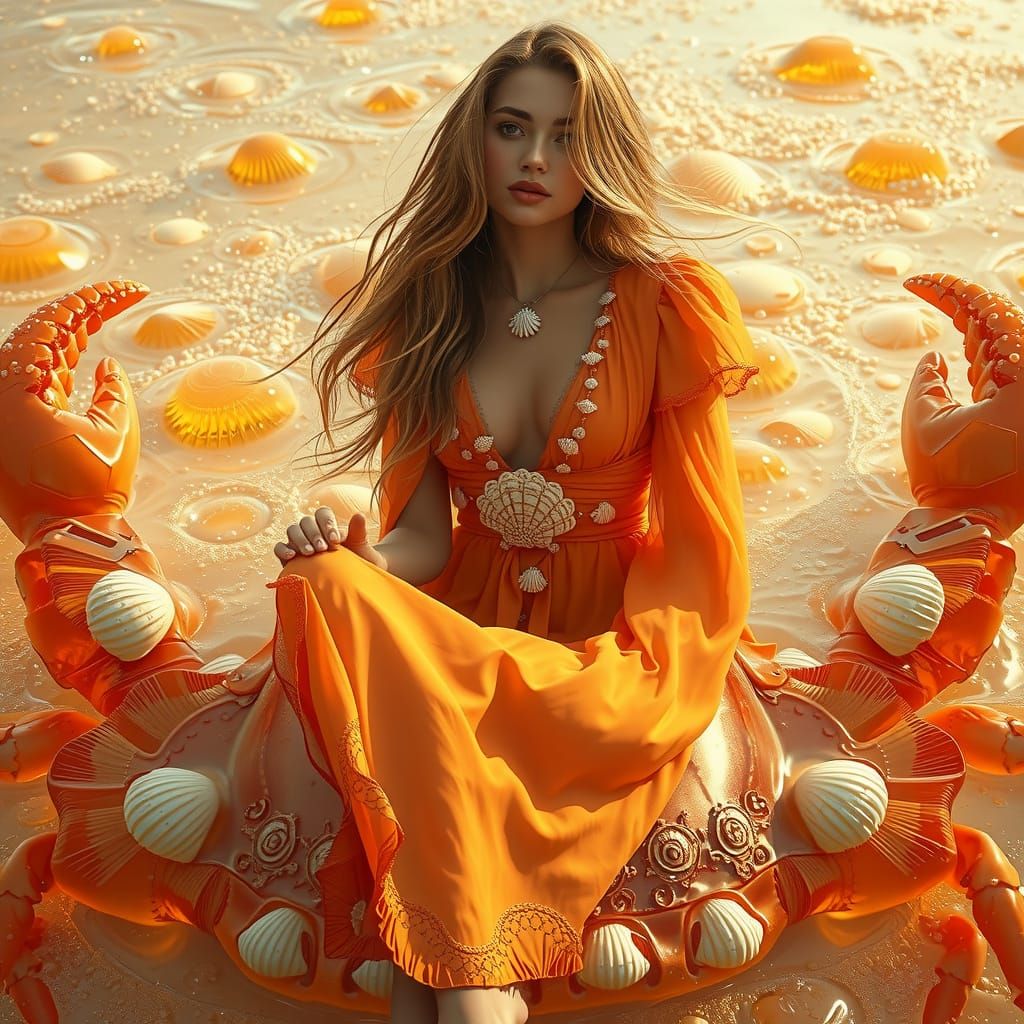 Woman on Gummy Crab in Sea of Soda, Neon Futurism