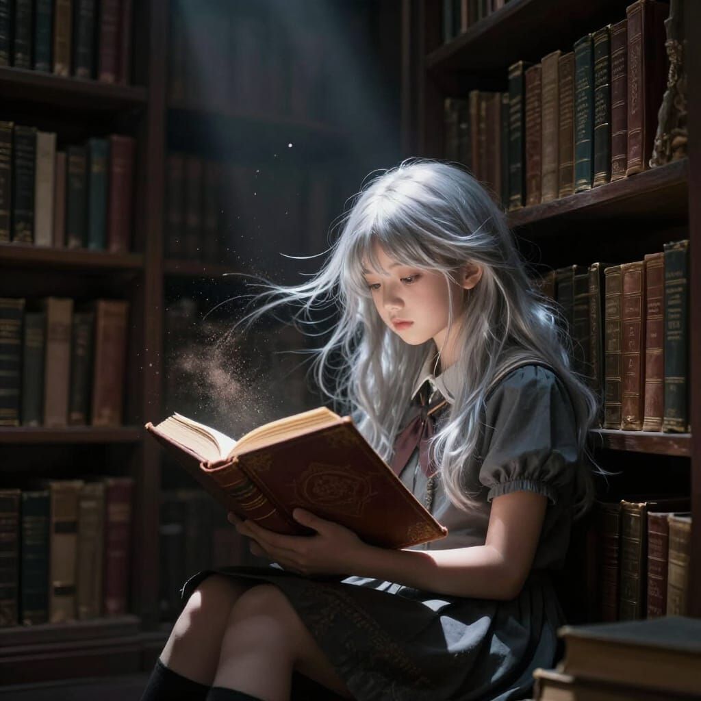 Teen Girl Reads Ancient Book in Moody Library