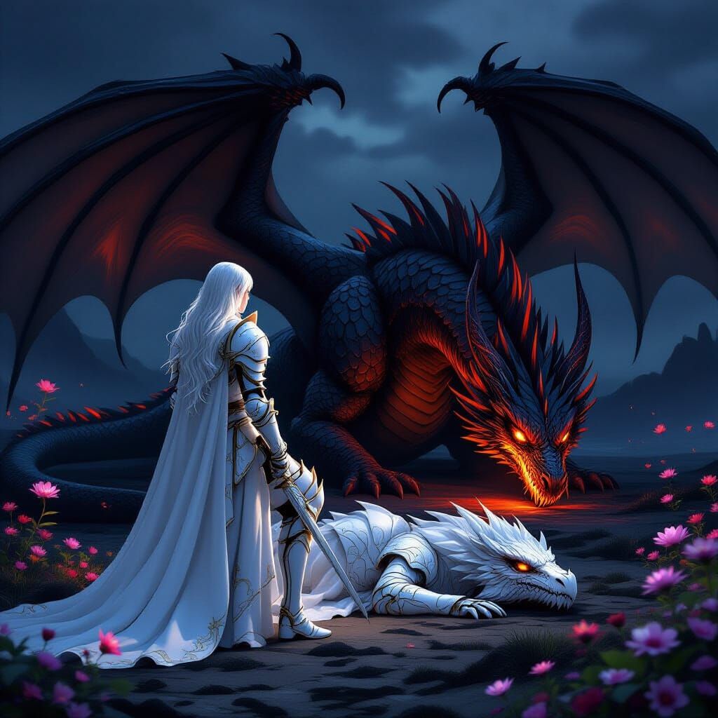 Knight and Dragon in a Dark Landscape