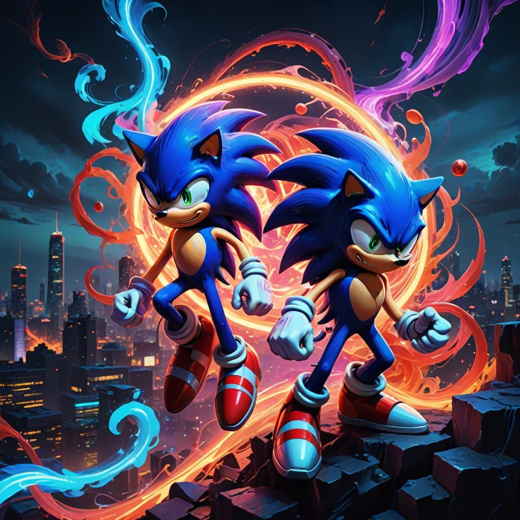 Sonic and Shadow Merge in a Vibrant, Neon-Lit Fusion