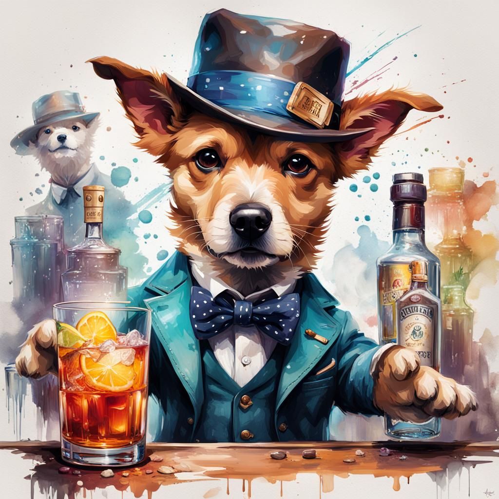 Dog Bartender Mixing Drinks in Digital Art Style