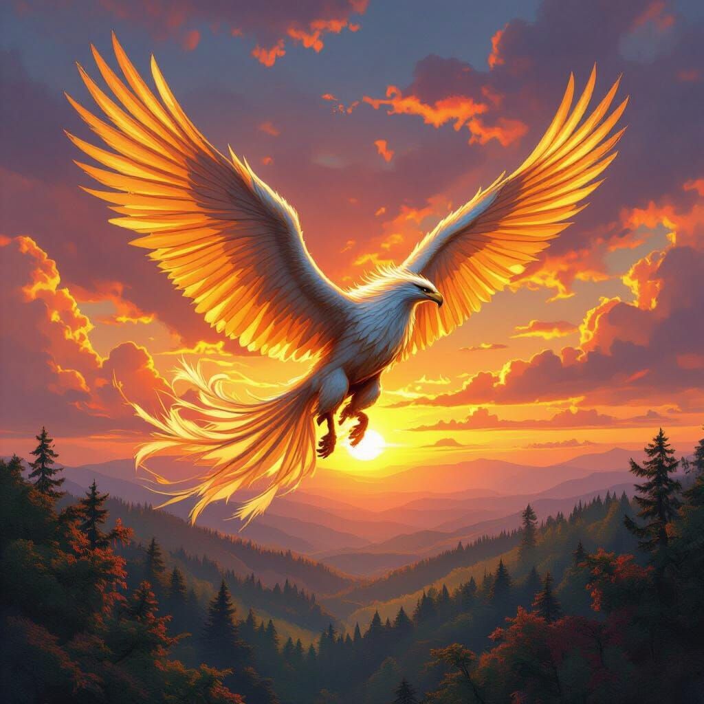 Griffin Soaring Through Sunset Sky in Fantasy Art