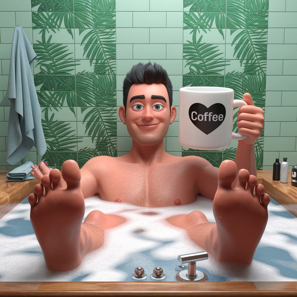 Man Enjoys Coffee Bath in Tropical Bathroom