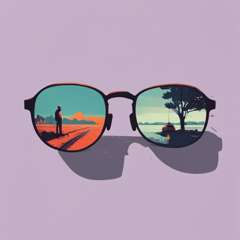 Glasses with Reflected Scenes in Minimalist Vector Art