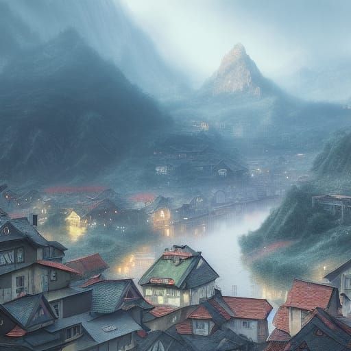 Polish Mountain Town with Dragon in Autumn Rain