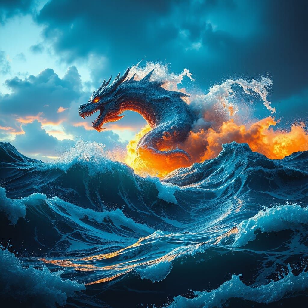Dragon Rises from Ocean Wave in Triadic Colors