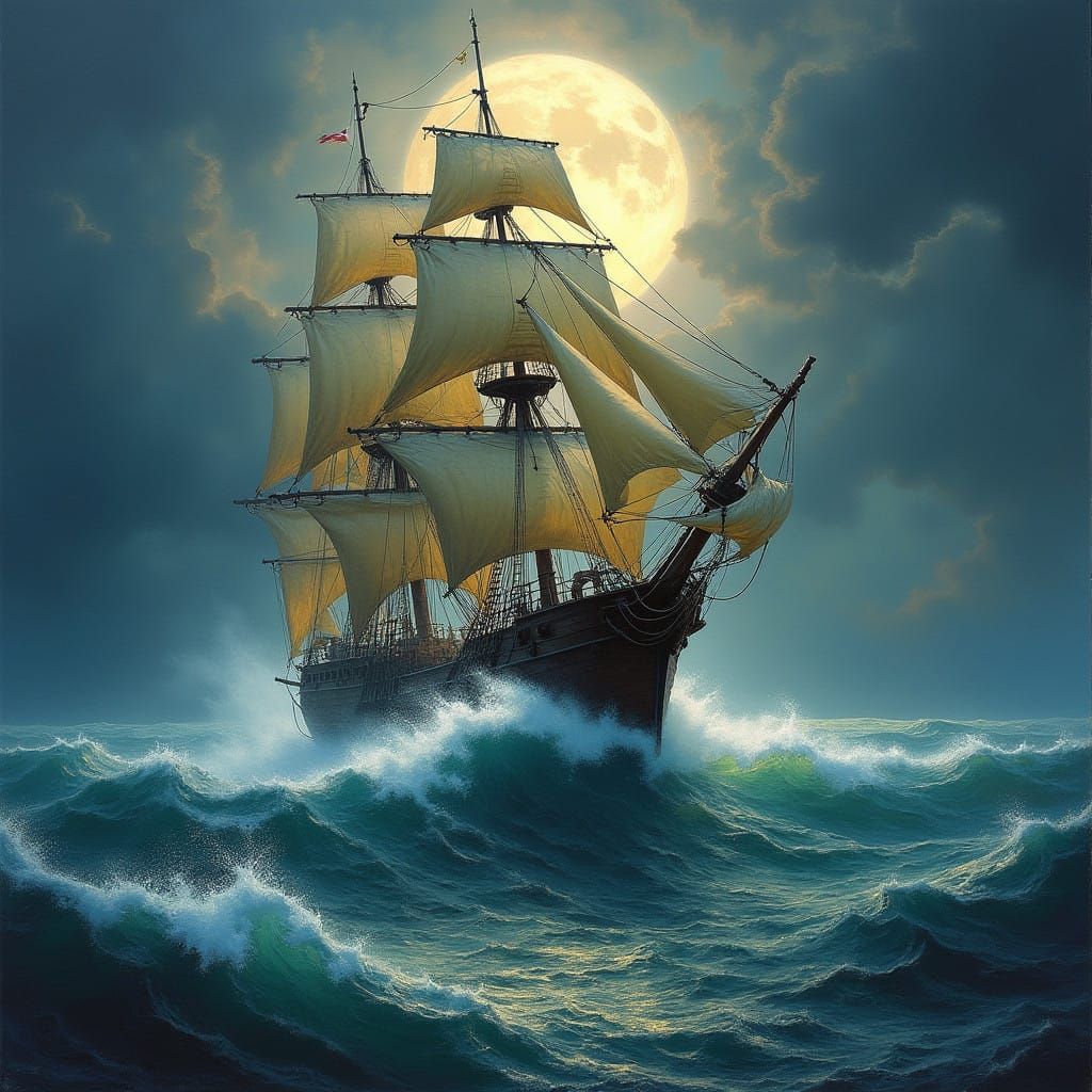 Pirate Ship in Stormy Ocean under Full Moonlight