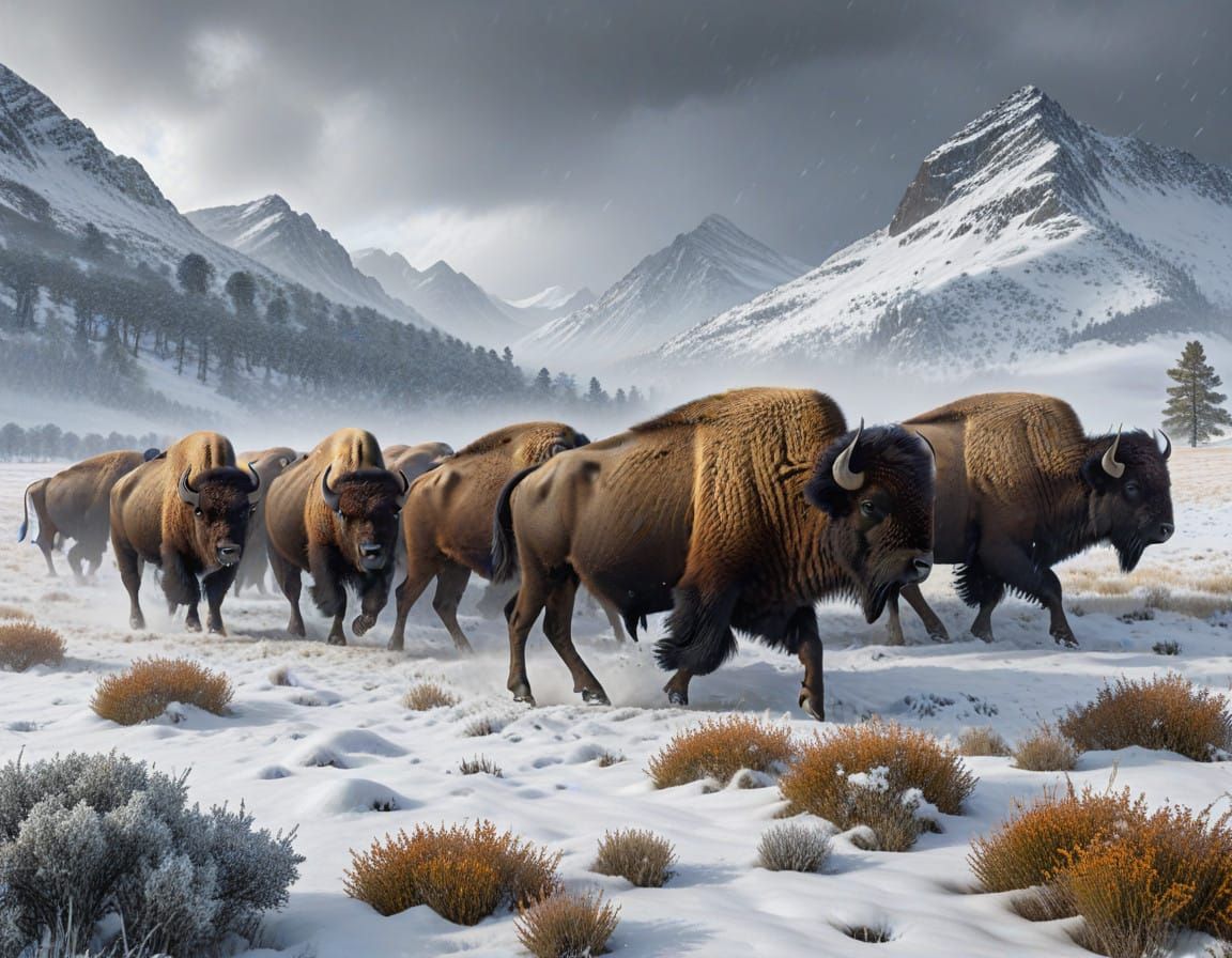 Bison in a Majestic Winter Landscape