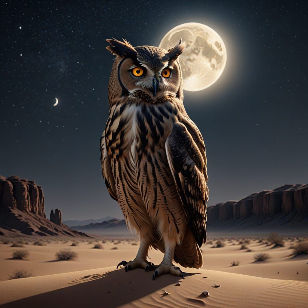 Wise Owl in Moonlit Desert Digital Matte Painting
