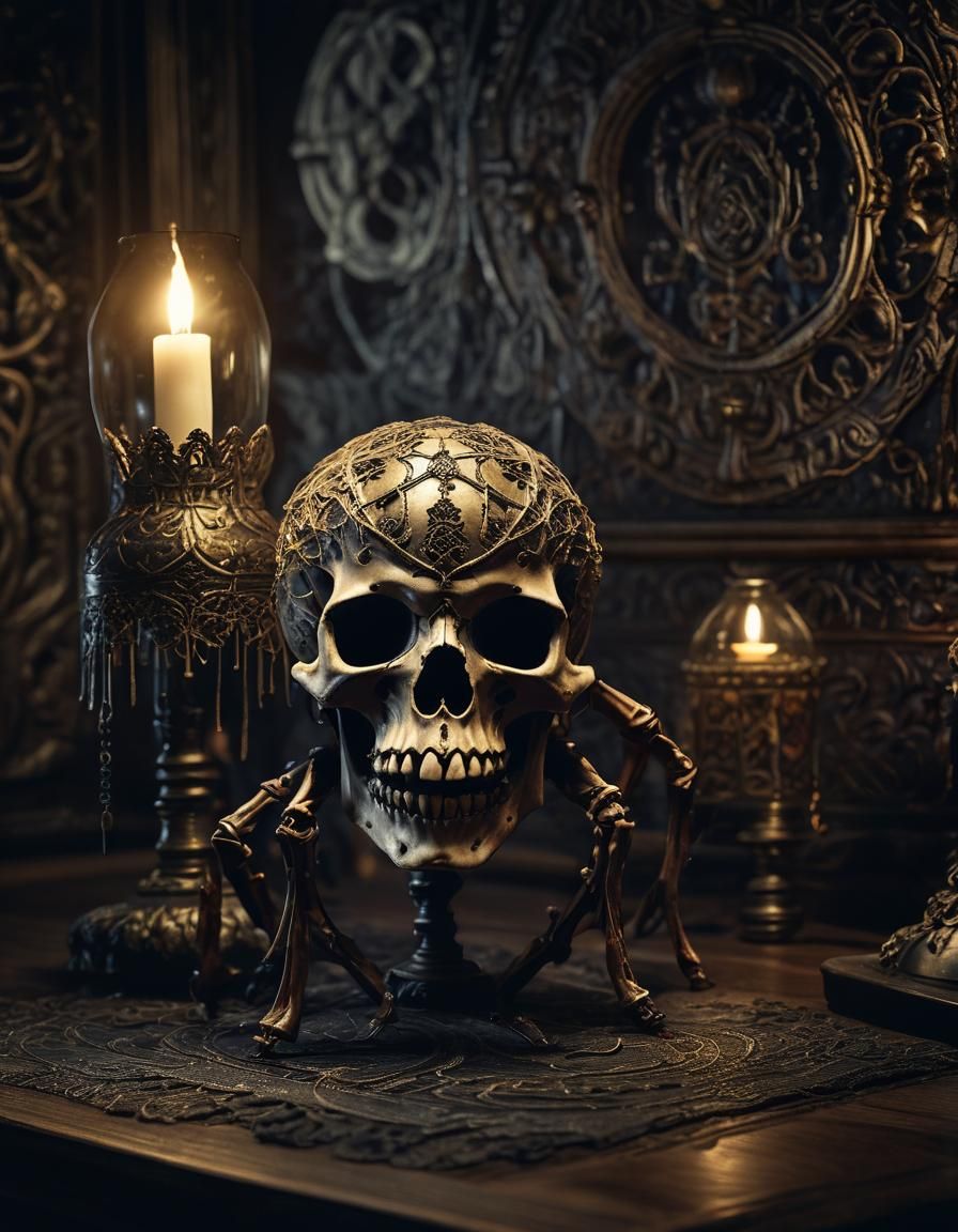 Spider Skull Lamp in Gothic Surrealism Style