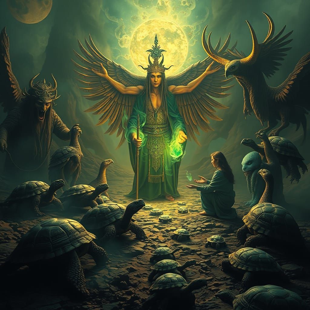 Celestial Shaman Offers Green Fire in Surreal Scene