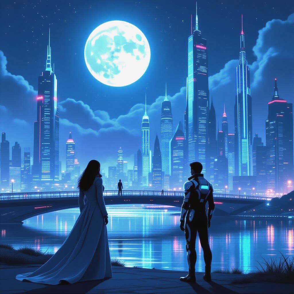 Futuristic Cityscape with Giant Moon at Night