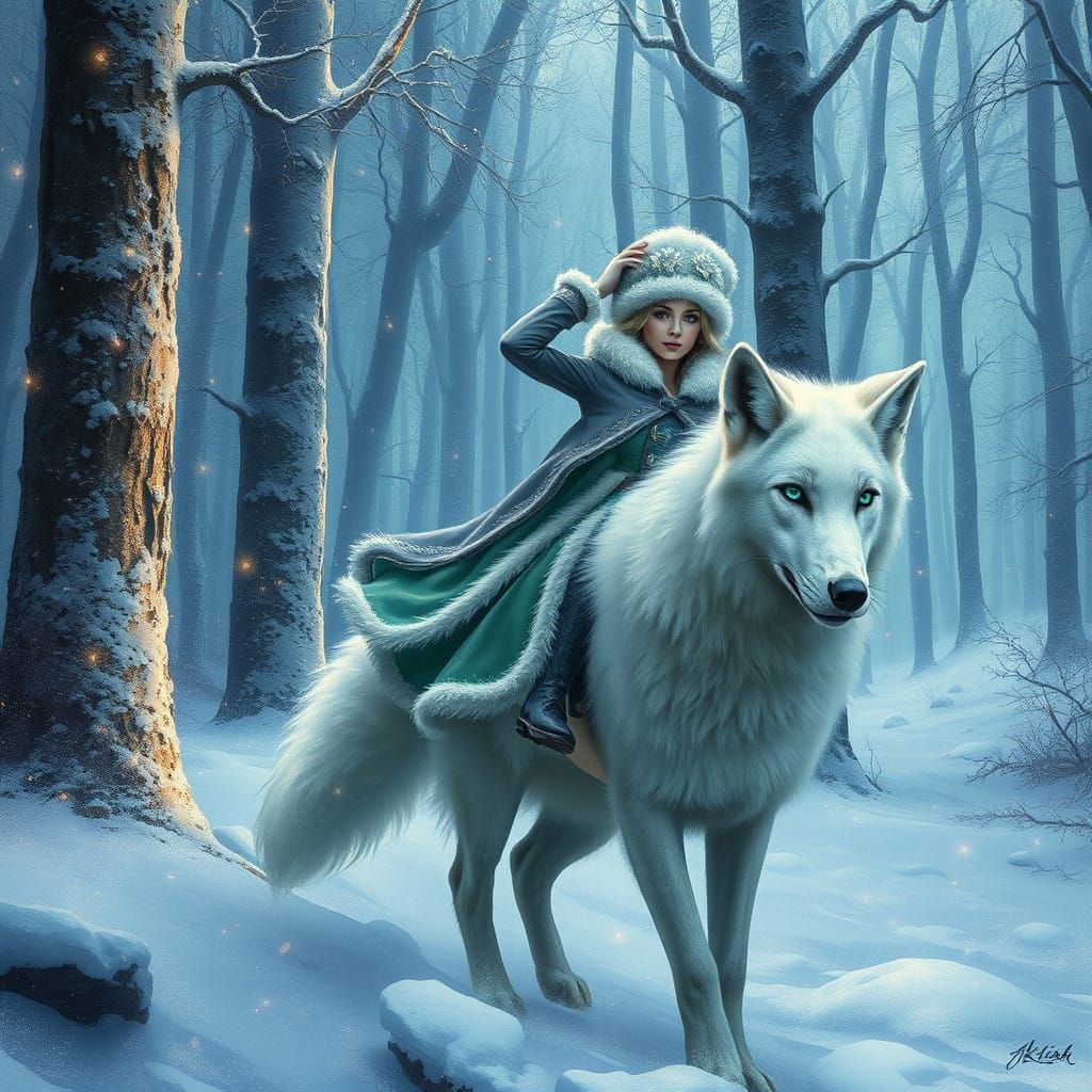 Majestic Snow Queen Rides a Glowing White Fox Through a Drea...