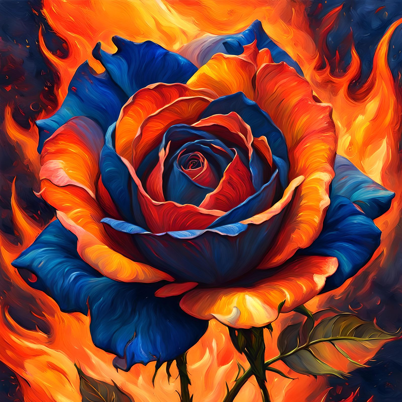 Rose Surrounded by Flames in Van Gogh Style